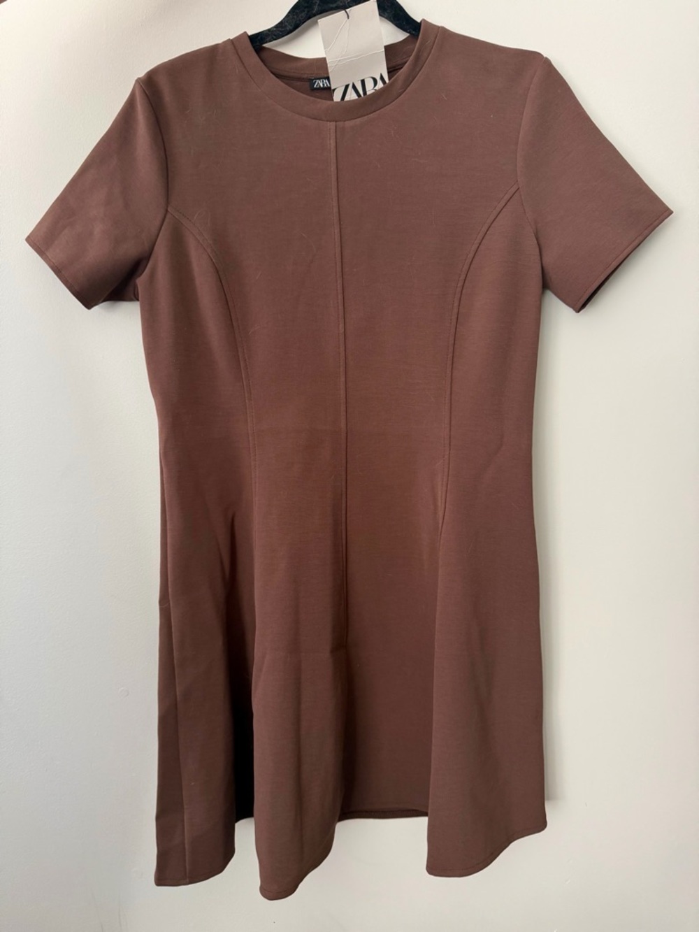 BNWT Zara Brown Short-Sleeve A-Line Skater Mini Dress Medium